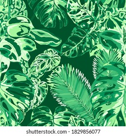 Beautiful seamless pattern with python and tropical leaves. Beautiful allover print with hand drawn exotic plants and snake. Swimwear botanical design. Vector.