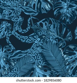 Beautiful seamless pattern with python and tropical leaves. Beautiful allover print with hand drawn exotic plants and snake. Swimwear botanical design. Vector.