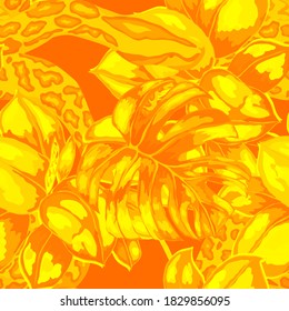 Beautiful seamless pattern with python and tropical leaves. Beautiful allover print with hand drawn exotic plants and snake. Swimwear botanical design. Vector.