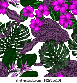 Beautiful seamless pattern with python and tropical leaves. Beautiful allover print with hand drawn exotic plants and snake. Swimwear botanical design. Vector.