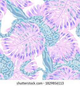 Beautiful seamless pattern with python and tropical leaves. Beautiful allover print with hand drawn exotic plants and snake. Swimwear botanical design. Vector.