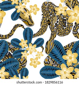Beautiful seamless pattern with python and tropical leaves. Beautiful allover print with hand drawn exotic plants and snake. Swimwear botanical design. Vector.