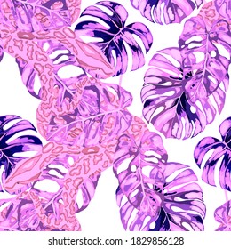Beautiful seamless pattern with python and tropical leaves. Beautiful allover print with hand drawn exotic plants and snake. Swimwear botanical design. Vector.