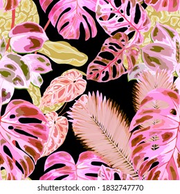 Beautiful seamless pattern with python and tropical leaves. Beautiful allover print with hand drawn exotic plants and snake. Swimwear botanical design. Vector.