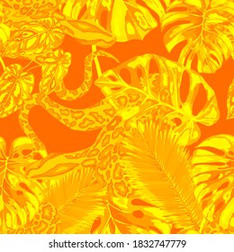 Beautiful seamless pattern with python and tropical leaves. Beautiful allover print with hand drawn exotic plants and snake. Swimwear botanical design. Vector.