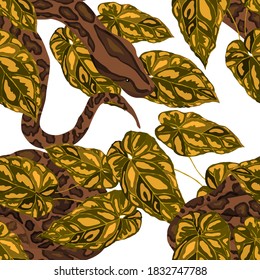 Beautiful seamless pattern with python and tropical leaves. Beautiful allover print with hand drawn exotic plants and snake. Swimwear botanical design. Vector.