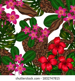 Beautiful seamless pattern with python and tropical leaves. Beautiful allover print with hand drawn exotic plants and snake. Swimwear botanical design. Vector.