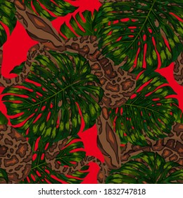 Beautiful seamless pattern with python and tropical leaves. Beautiful allover print with hand drawn exotic plants and snake. Swimwear botanical design. Vector.
