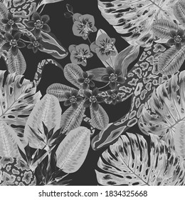 Beautiful seamless pattern with python and tropical leaves. Beautiful allover print with hand drawn exotic plants and snake. Swimwear botanical design. Vector.