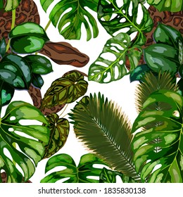 Beautiful seamless pattern with python and tropical leaves. Beautiful allover print with hand drawn exotic plants and snake. Swimwear botanical design. Vector.