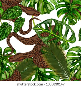 Beautiful seamless pattern with python and tropical leaves. Beautiful allover print with hand drawn exotic plants and snake. Swimwear botanical design. Vector.