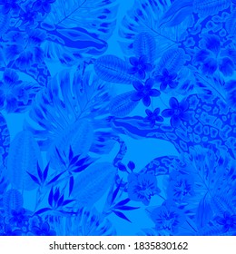 Beautiful seamless pattern with python and tropical leaves. Beautiful allover print with hand drawn exotic plants and snake. Swimwear botanical design. Vector.
