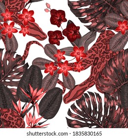 Beautiful seamless pattern with python and tropical leaves. Beautiful allover print with hand drawn exotic plants and snake. Swimwear botanical design. Vector.
