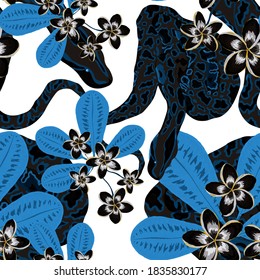 Beautiful seamless pattern with python and tropical leaves. Beautiful allover print with hand drawn exotic plants and snake. Swimwear botanical design. Vector.