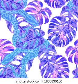 Beautiful seamless pattern with python and tropical leaves. Beautiful allover print with hand drawn exotic plants and snake. Swimwear botanical design. Vector.