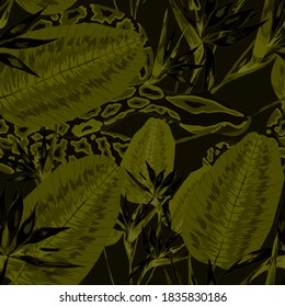 Beautiful seamless pattern with python and tropical leaves. Beautiful allover print with hand drawn exotic plants and snake. Swimwear botanical design. Vector.