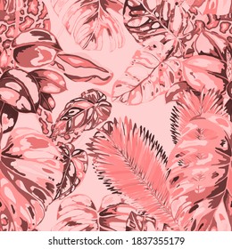 Beautiful seamless pattern with python and tropical leaves. Beautiful allover print with hand drawn exotic plants and snake. Swimwear botanical design. Vector.