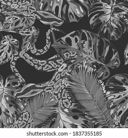 Beautiful seamless pattern with python and tropical leaves. Beautiful allover print with hand drawn exotic plants and snake. Swimwear botanical design. Vector.