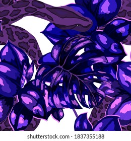 Beautiful seamless pattern with python and tropical leaves. Beautiful allover print with hand drawn exotic plants and snake. Swimwear botanical design. Vector.
