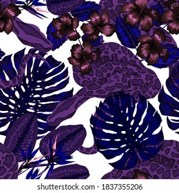 Beautiful seamless pattern with python and tropical leaves. Beautiful allover print with hand drawn exotic plants and snake. Swimwear botanical design. Vector.