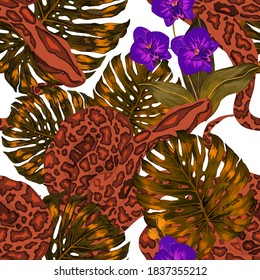 Beautiful seamless pattern with python and tropical leaves. Beautiful allover print with hand drawn exotic plants and snake. Swimwear botanical design. Vector.