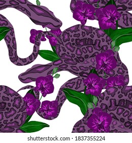 Beautiful seamless pattern with python and tropical leaves. Beautiful allover print with hand drawn exotic plants and snake. Swimwear botanical design. Vector.