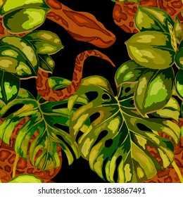 Beautiful seamless pattern with python and tropical leaves. Beautiful allover print with hand drawn exotic plants and snake. Swimwear botanical design. Vector	