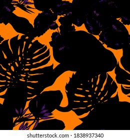 Beautiful seamless pattern with python and tropical leaves. Beautiful allover print with hand drawn exotic plants and snake. Swimwear botanical design. Vector	