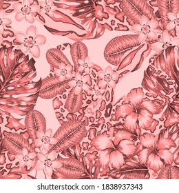 Beautiful seamless pattern with python and tropical leaves. Beautiful allover print with hand drawn exotic plants and snake. Swimwear botanical design. Vector	