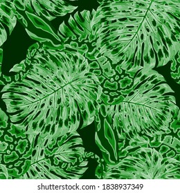 Beautiful seamless pattern with python and tropical leaves. Beautiful allover print with hand drawn exotic plants and snake. Swimwear botanical design. Vector	