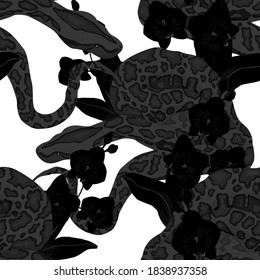 Beautiful seamless pattern with python and tropical leaves. Beautiful allover print with hand drawn exotic plants and snake. Swimwear botanical design. Vector	