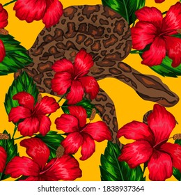 Beautiful seamless pattern with python and tropical leaves. Beautiful allover print with hand drawn exotic plants and snake. Swimwear botanical design. Vector	