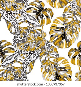 Beautiful seamless pattern with python and tropical leaves. Beautiful allover print with hand drawn exotic plants and snake. Swimwear botanical design. Vector	