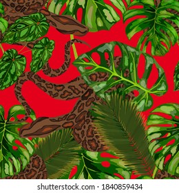 Beautiful seamless pattern with python and tropical leaves. Beautiful allover print with hand drawn exotic plants and snake. Swimwear botanical design. Vector	