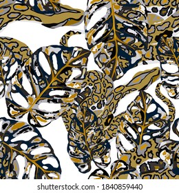 Beautiful seamless pattern with python and tropical leaves. Beautiful allover print with hand drawn exotic plants and snake. Swimwear botanical design. Vector	