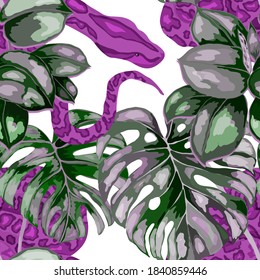 Beautiful seamless pattern with python and tropical leaves. Beautiful allover print with hand drawn exotic plants and snake. Swimwear botanical design. Vector	