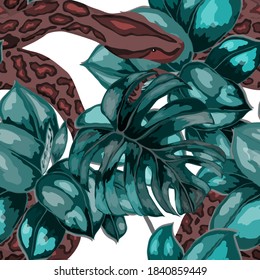 Beautiful seamless pattern with python and tropical leaves. Beautiful allover print with hand drawn exotic plants and snake. Swimwear botanical design. Vector	