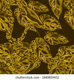 Beautiful seamless pattern with python and tropical leaves. Beautiful allover print with hand drawn exotic plants and snake. Swimwear botanical design. Vector	