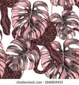 Beautiful seamless pattern with python and tropical leaves. Beautiful allover print with hand drawn exotic plants and snake. Swimwear botanical design. Vector	