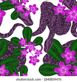 Beautiful seamless pattern with python and tropical leaves. Beautiful allover print with hand drawn exotic plants and snake. Swimwear botanical design. Vector	