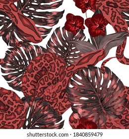 Beautiful seamless pattern with python and tropical leaves. Beautiful allover print with hand drawn exotic plants and snake. Swimwear botanical design. Vector	