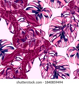 Beautiful seamless pattern with python and tropical leaves. Beautiful allover print with hand drawn exotic plants and snake. Swimwear botanical design. Vector	