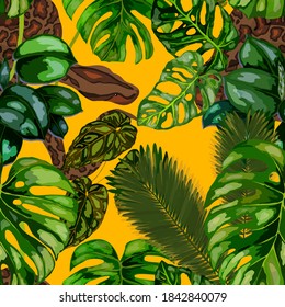 Beautiful seamless pattern with python and tropical leaves. Beautiful allover print with hand drawn exotic plants and snake. Swimwear botanical design. Vector	