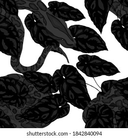 Beautiful seamless pattern with python and tropical leaves. Beautiful allover print with hand drawn exotic plants and snake. Swimwear botanical design. Vector	