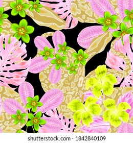 Beautiful seamless pattern with python and tropical leaves. Beautiful allover print with hand drawn exotic plants and snake. Swimwear botanical design. Vector	
