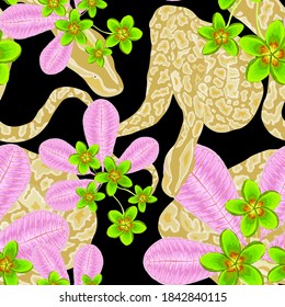 Beautiful seamless pattern with python and tropical leaves. Beautiful allover print with hand drawn exotic plants and snake. Swimwear botanical design. Vector	
