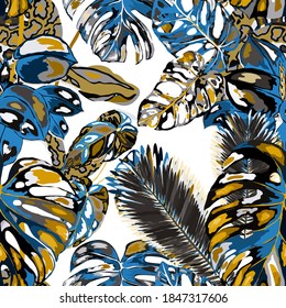 Beautiful seamless pattern with python and tropical leaves. Beautiful allover print with hand drawn exotic plants and snake. Swimwear botanical design. Vector	