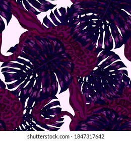 Beautiful seamless pattern with python and tropical leaves. Beautiful allover print with hand drawn exotic plants and snake. Swimwear botanical design. Vector	