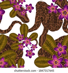 Beautiful seamless pattern with python and tropical leaves. Beautiful allover print with hand drawn exotic plants and snake. Swimwear botanical design. Vector	