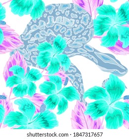 Beautiful seamless pattern with python and tropical leaves. Beautiful allover print with hand drawn exotic plants and snake. Swimwear botanical design. Vector	